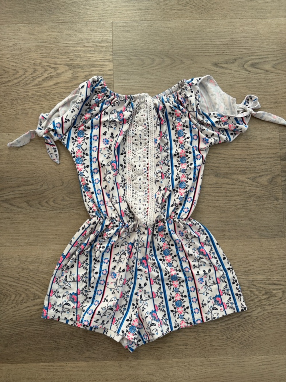 Girls White Floral Stripe Romper with Lace Trim